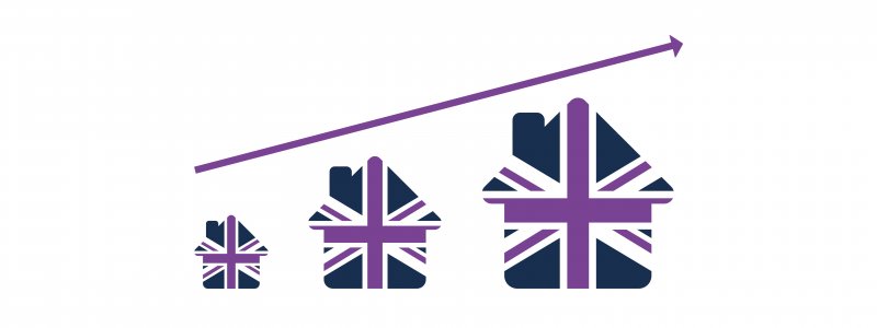 Union jack houses underneath purple arrow