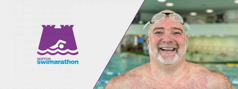 Skipton Swimarathon logo along side man smiling in a swimming pool