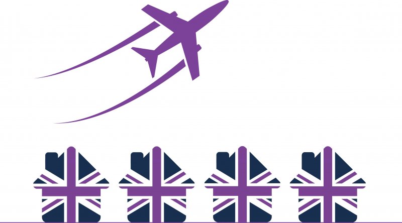 Union jack houses underneath purple aeroplane 