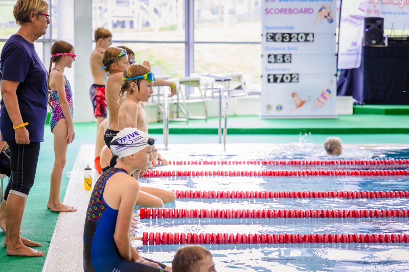 children lined up to start swimming in Skipton Swimarathon